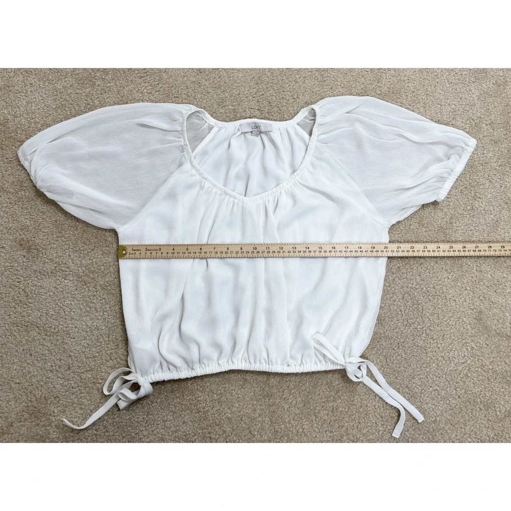 Loft White Peasant Blouse Puff Sleeve Side Tie Elastic Hem Top Medium